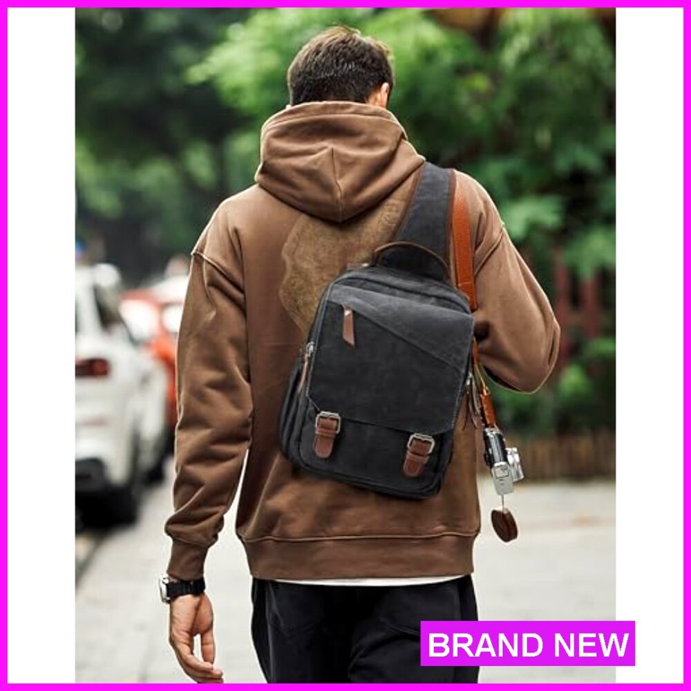 Canvas Messenger Bag Crossbody Backpack 11 Pockets Laptop Compatible Unisex - Picture 5 of 7